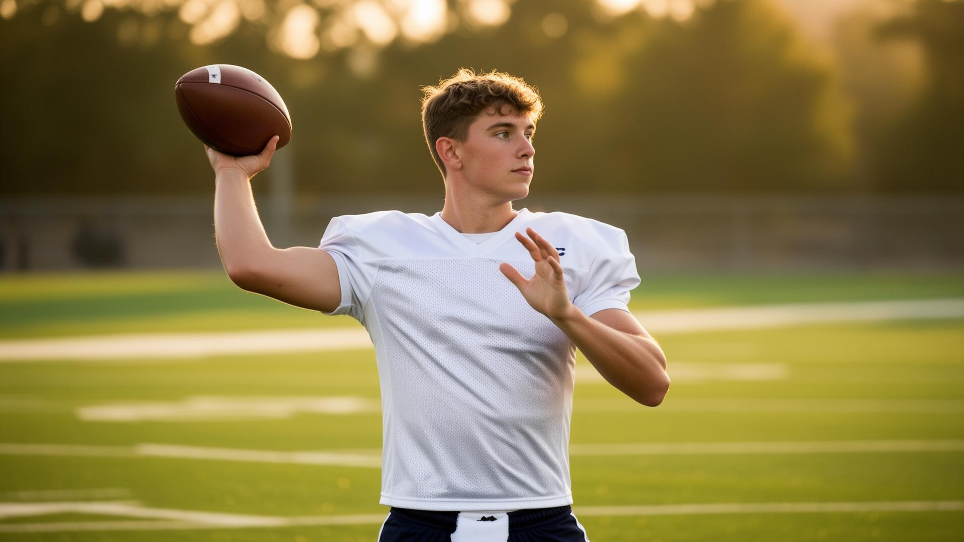 Quarterback throwing on a sunlit field